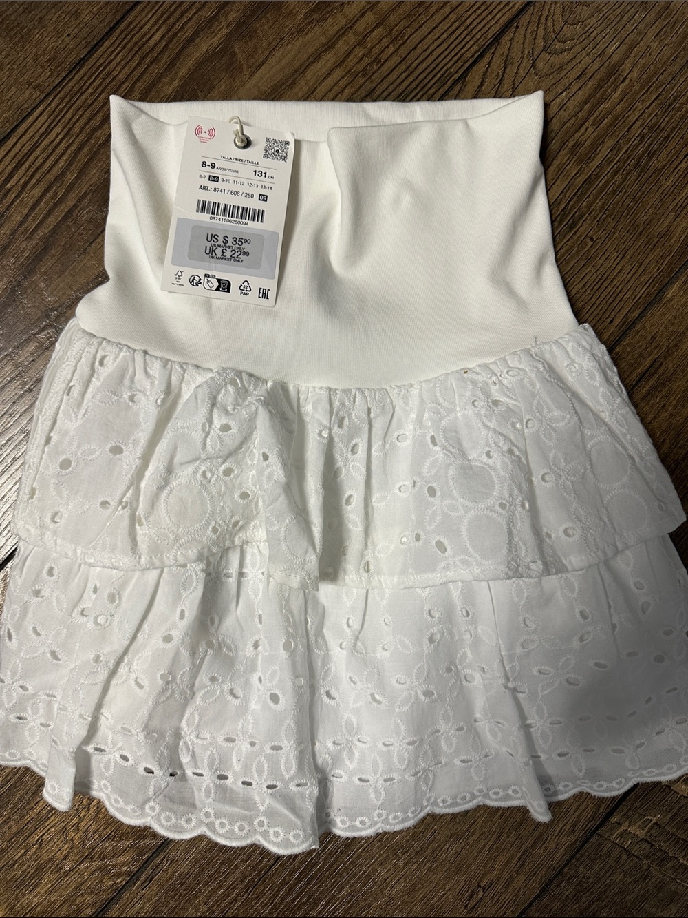 ZARA White Eyelet Tiered Skirt for Kids SIZE 8/9 NWT